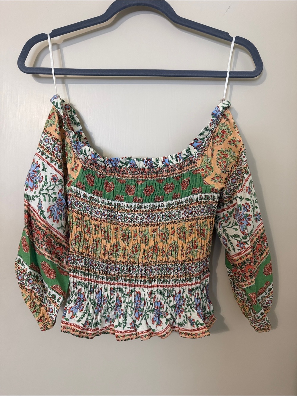 Boho Floral Smocked Off-Shoulder Top in Green & Cream